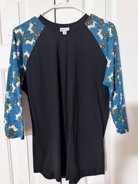 LuLaRoe Black “Randy” Top with Blue Unicorn-Print Sleeves